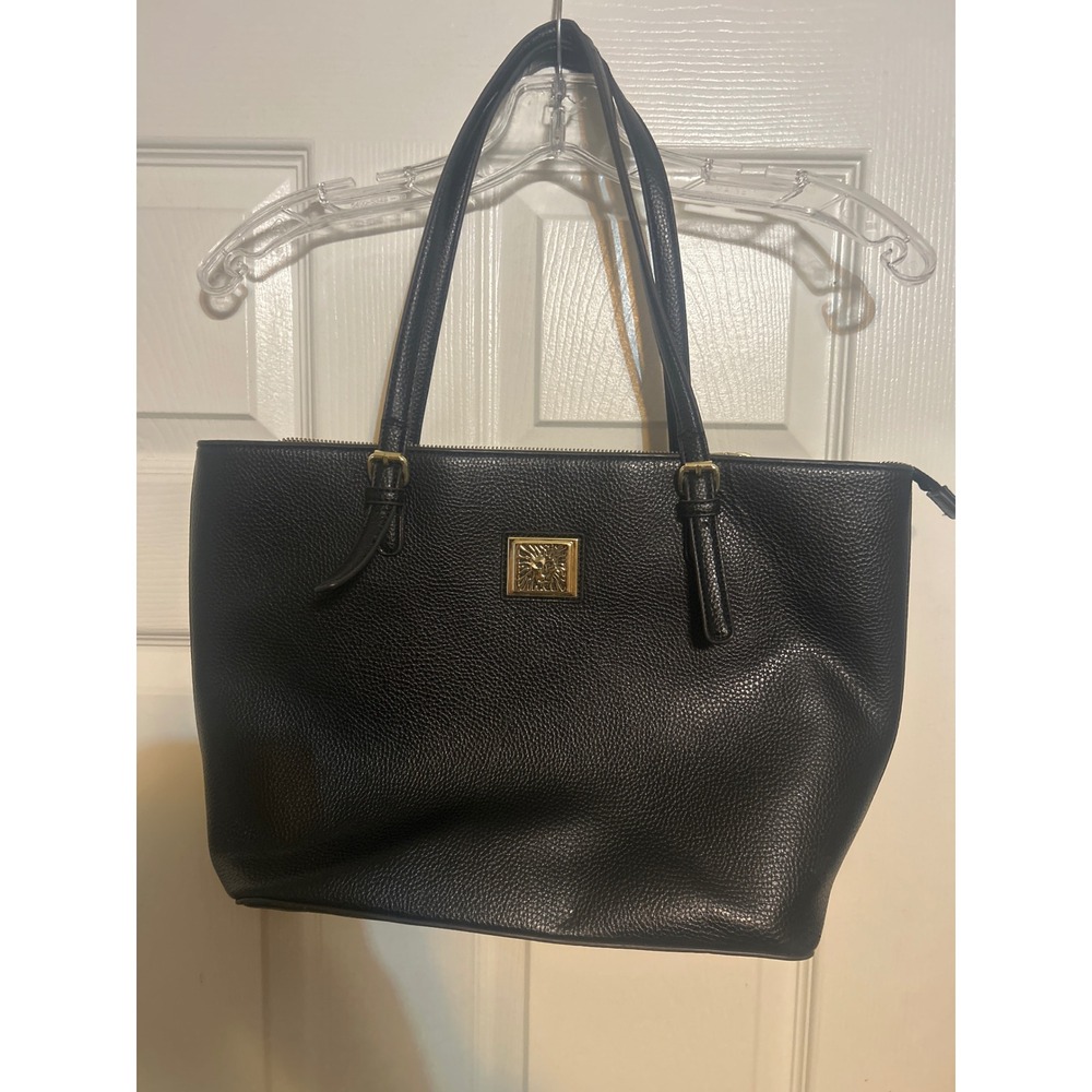 Anne Klein Black Pebbled Tote Bag Gold Lion Logo‎ Polka Dot Lining Handbag